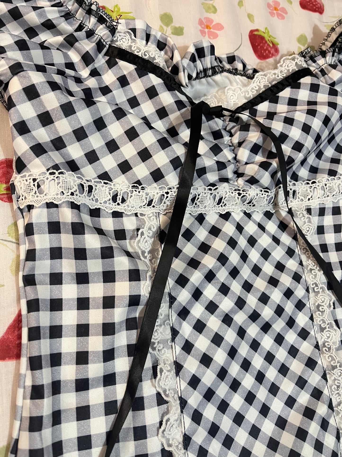 Black and White Gingham Lace Milkmaid Top