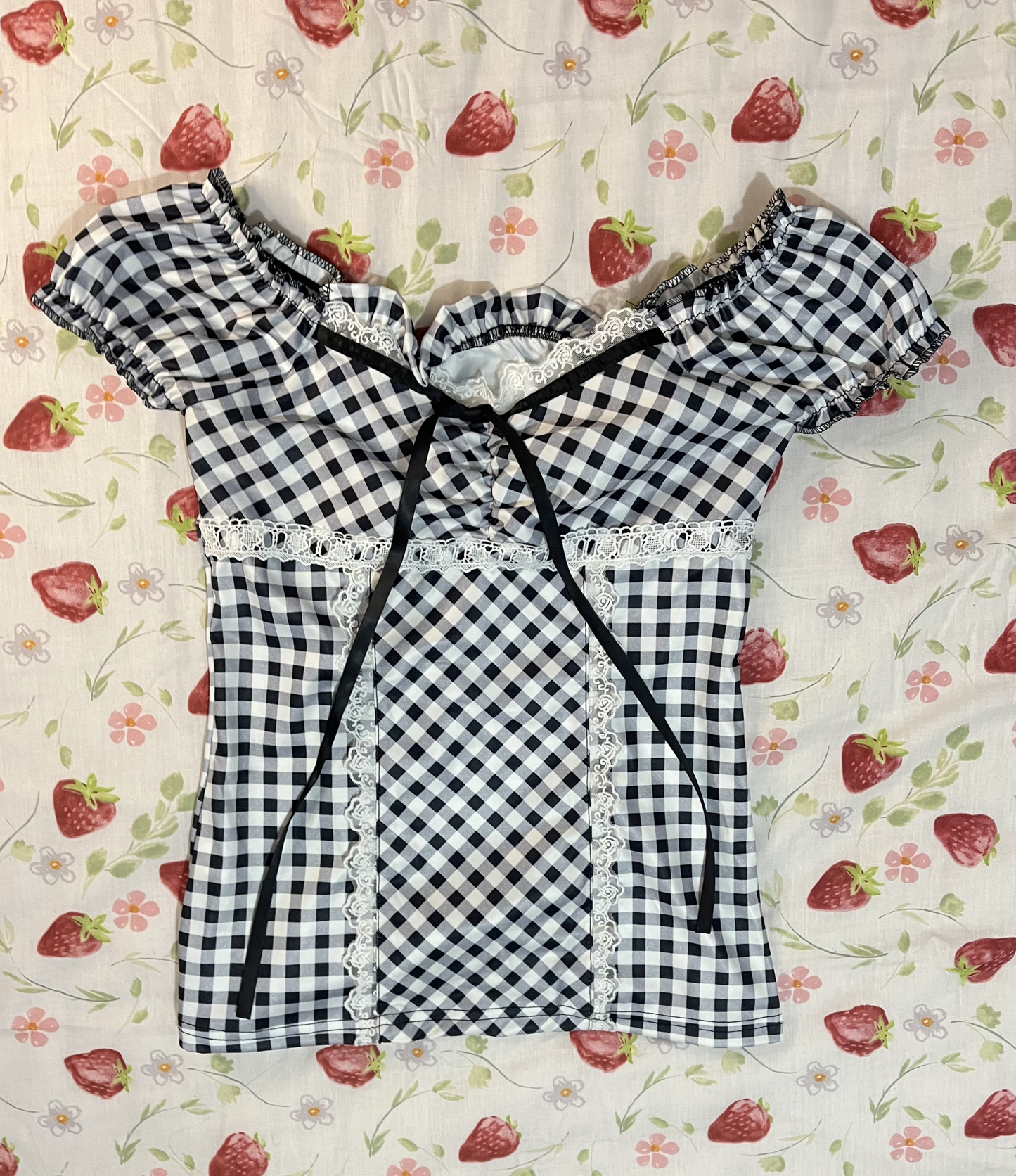 Black and White Gingham Lace Milkmaid Top